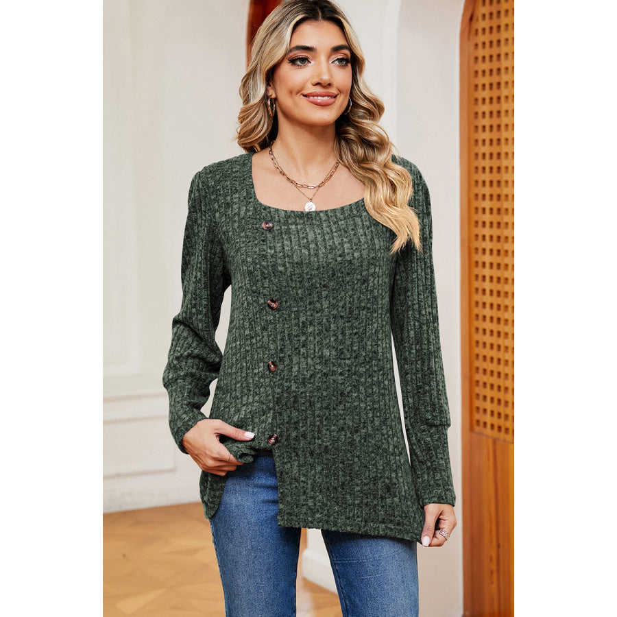 Decorative Button Square Neck T - Shirt Green / S Apparel and Accessories