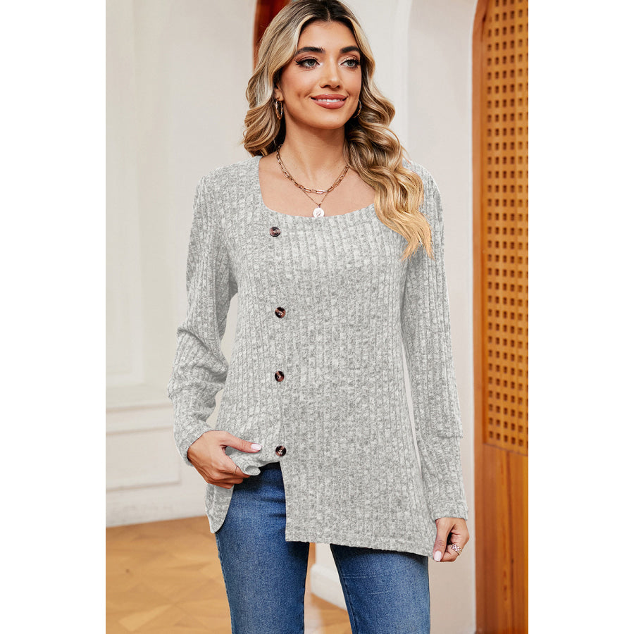 Decorative Button Square Neck T - Shirt Light Gray / S Apparel and Accessories