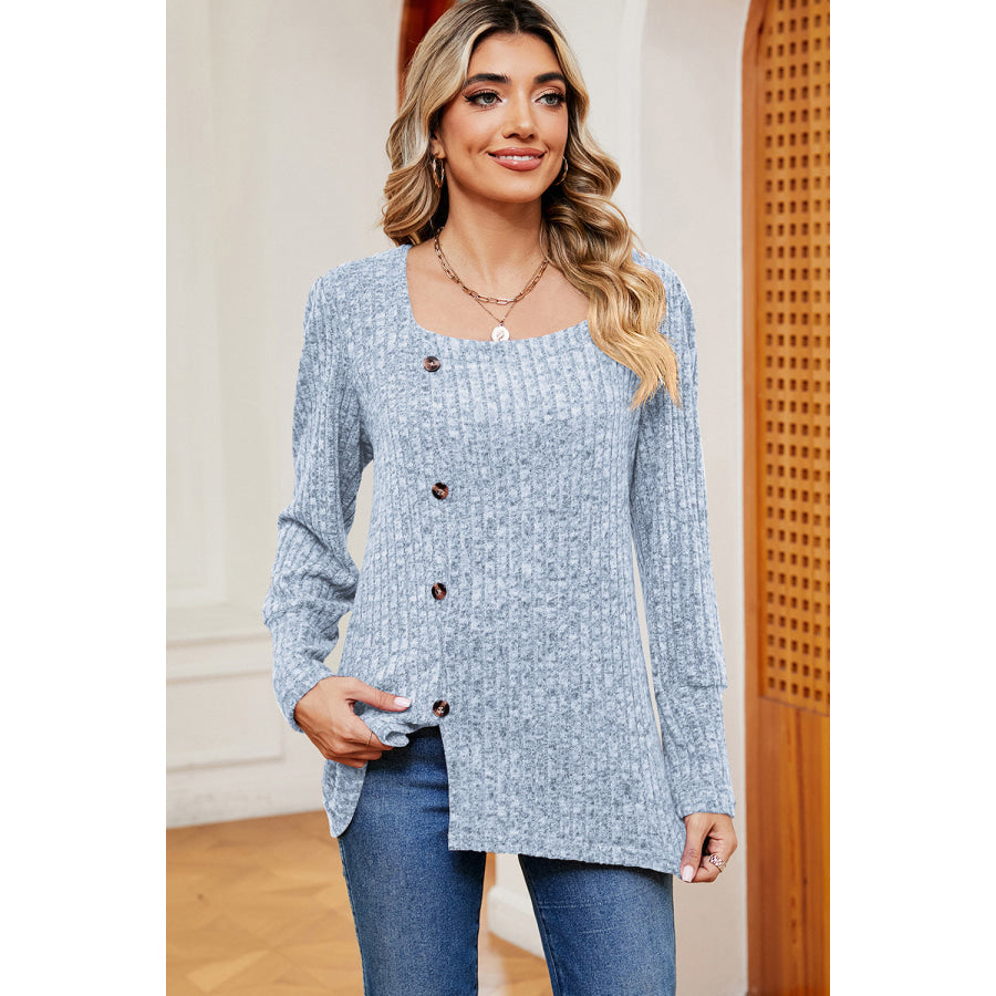 Decorative Button Square Neck T - Shirt Misty Blue / S Apparel and Accessories
