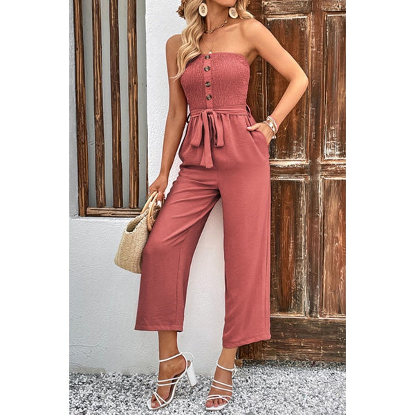 Decorative Button Strapless Smocked Jumpsuit with Pockets