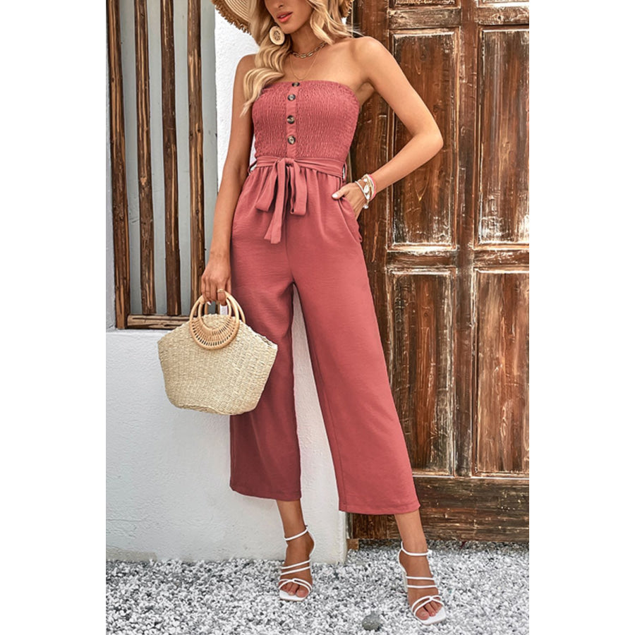 Decorative Button Strapless Smocked Jumpsuit with Pockets