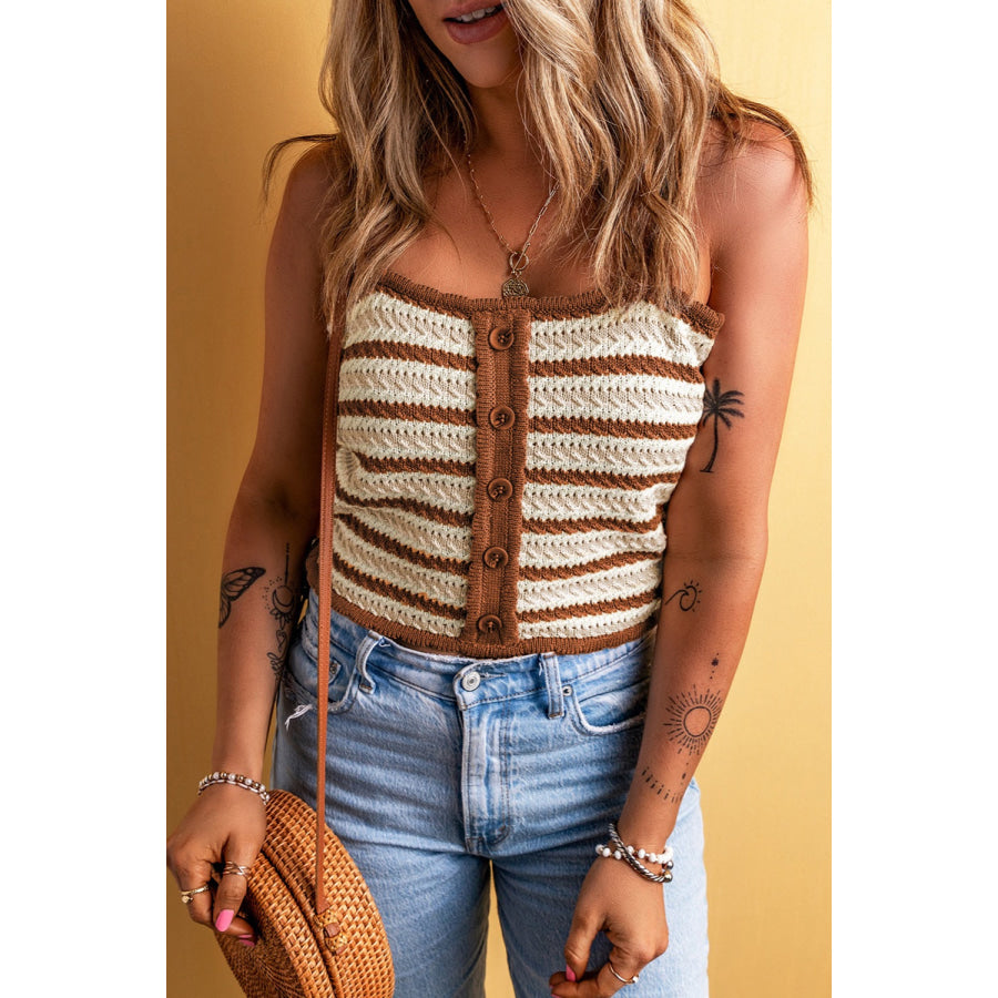Decorative Button Striped Knit Cami Chestnut / S Apparel and Accessories