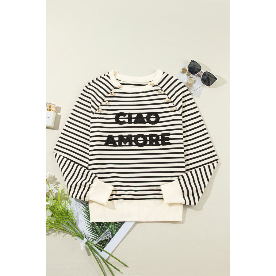 Decorative Button Striped Long Sleeve Sweatshirt Apparel and Accessories