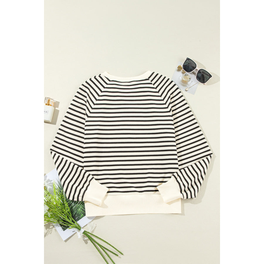 Decorative Button Striped Long Sleeve Sweatshirt Apparel and Accessories