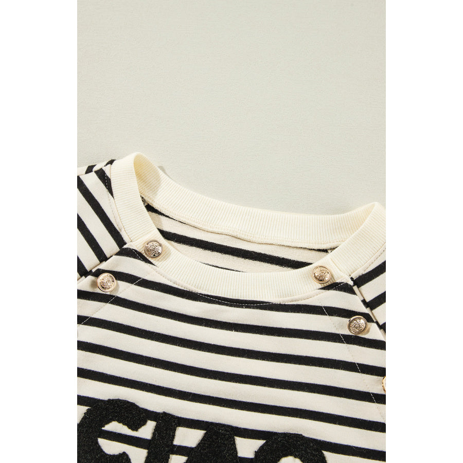 Decorative Button Striped Long Sleeve Sweatshirt Apparel and Accessories