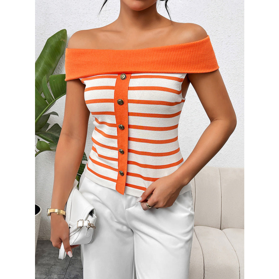 Decorative Button Striped Off - Shoulder Knit Top Apparel and Accessories