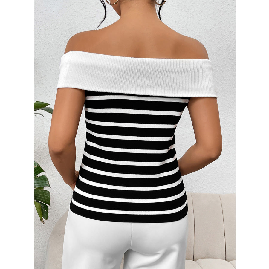 Decorative Button Striped Off - Shoulder Knit Top Apparel and Accessories