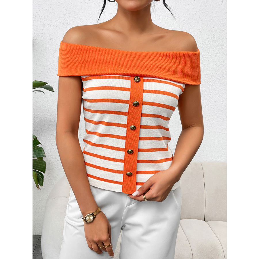 Decorative Button Striped Off - Shoulder Knit Top Apparel and Accessories