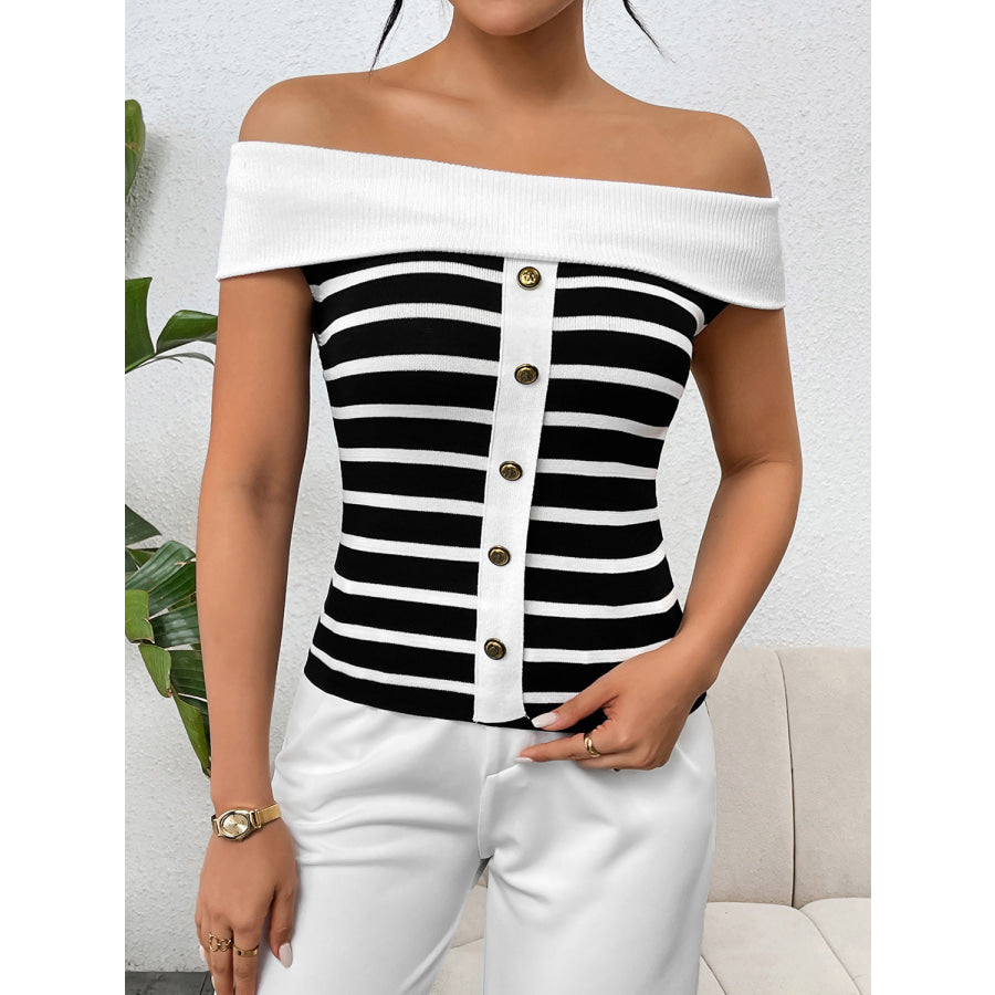 Decorative Button Striped Off - Shoulder Knit Top Apparel and Accessories