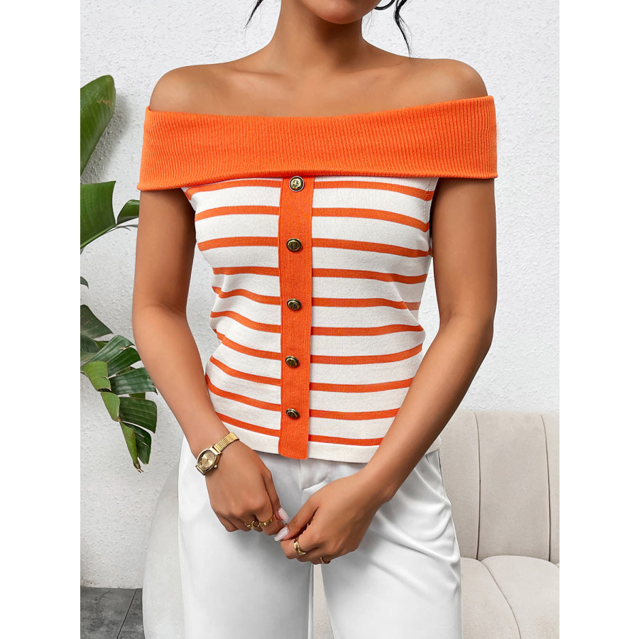 Decorative Button Striped Off - Shoulder Knit Top Pumpkin / S Apparel and Accessories