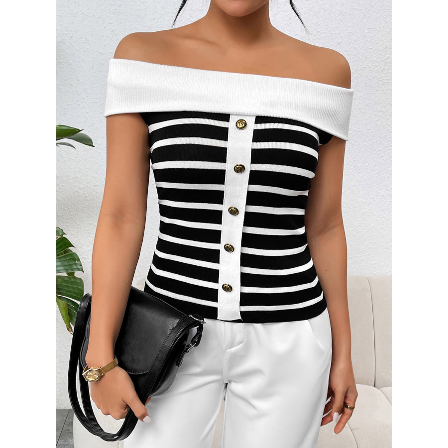 Decorative Button Striped Off - Shoulder Knit Top White / S Apparel and Accessories