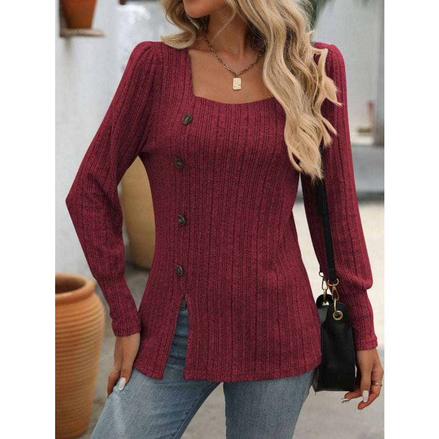 Decorative Button Striped Square Neck Long Sleeve T-Shirt Apparel and Accessories