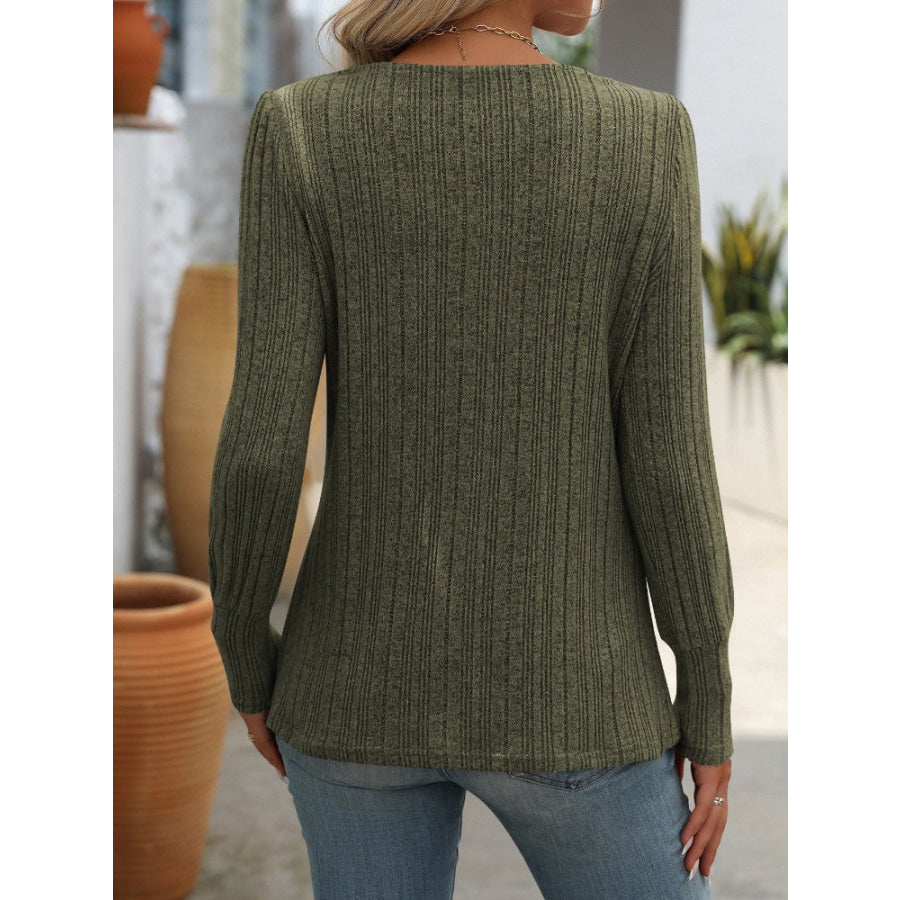 Decorative Button Striped Square Neck Long Sleeve T-Shirt Apparel and Accessories