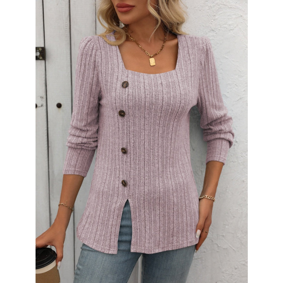Decorative Button Striped Square Neck Long Sleeve T-Shirt Apparel and Accessories