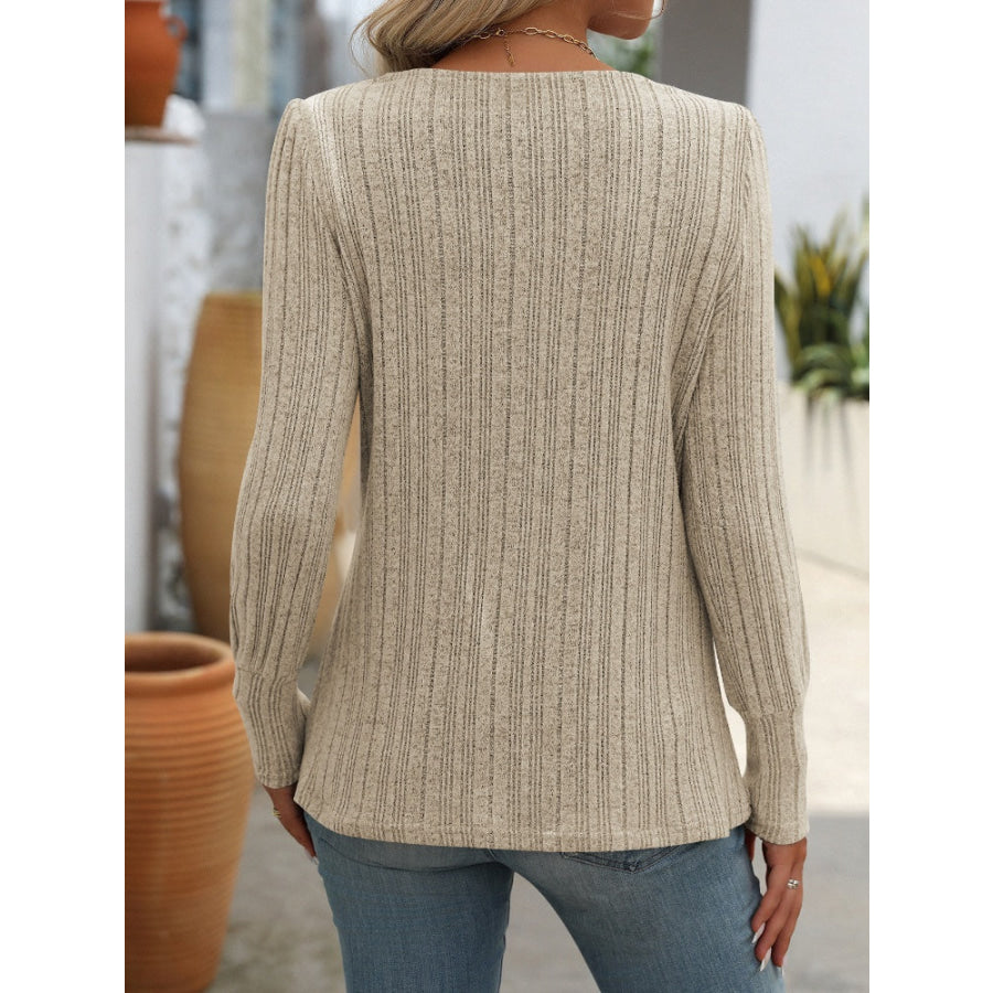 Decorative Button Striped Square Neck Long Sleeve T-Shirt Apparel and Accessories