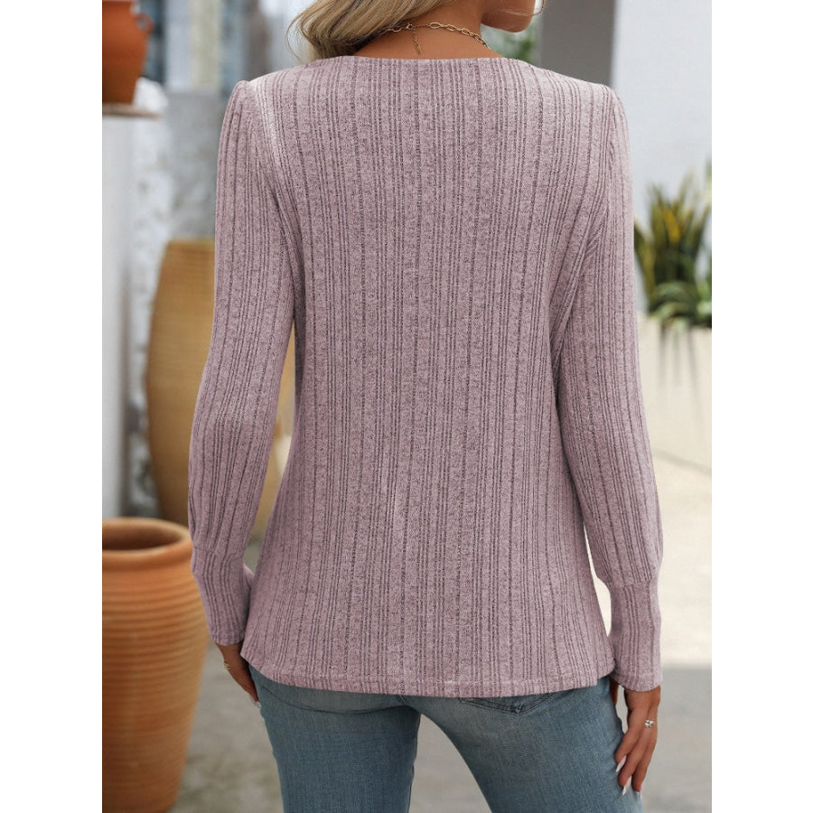 Decorative Button Striped Square Neck Long Sleeve T-Shirt Apparel and Accessories