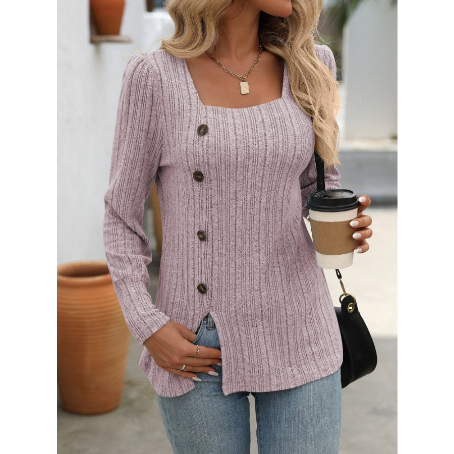 Decorative Button Striped Square Neck Long Sleeve T-Shirt Apparel and Accessories