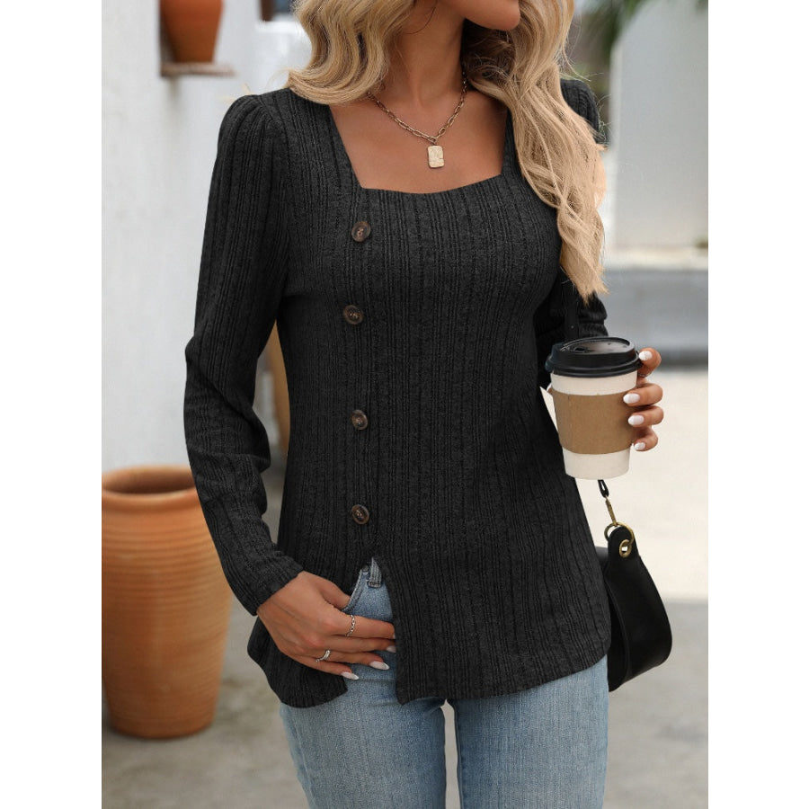 Decorative Button Striped Square Neck Long Sleeve T-Shirt Apparel and Accessories