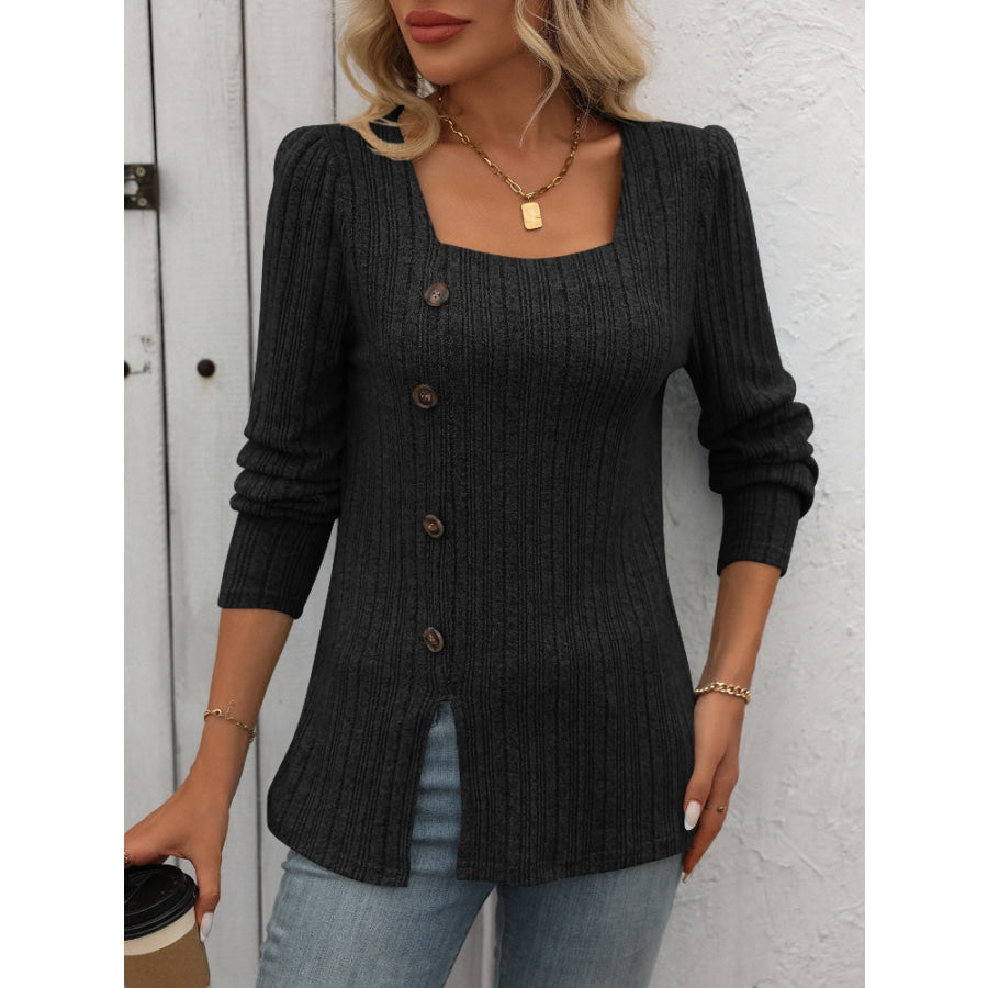 Decorative Button Striped Square Neck Long Sleeve T-Shirt Apparel and Accessories