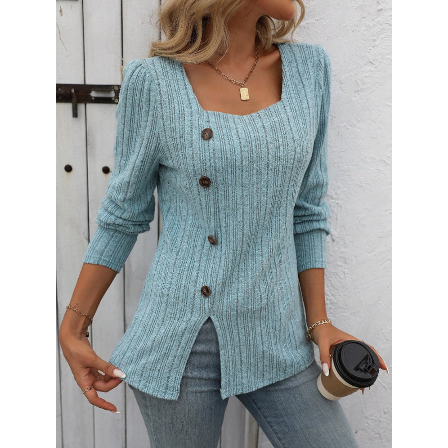 Decorative Button Striped Square Neck Long Sleeve T-Shirt Apparel and Accessories