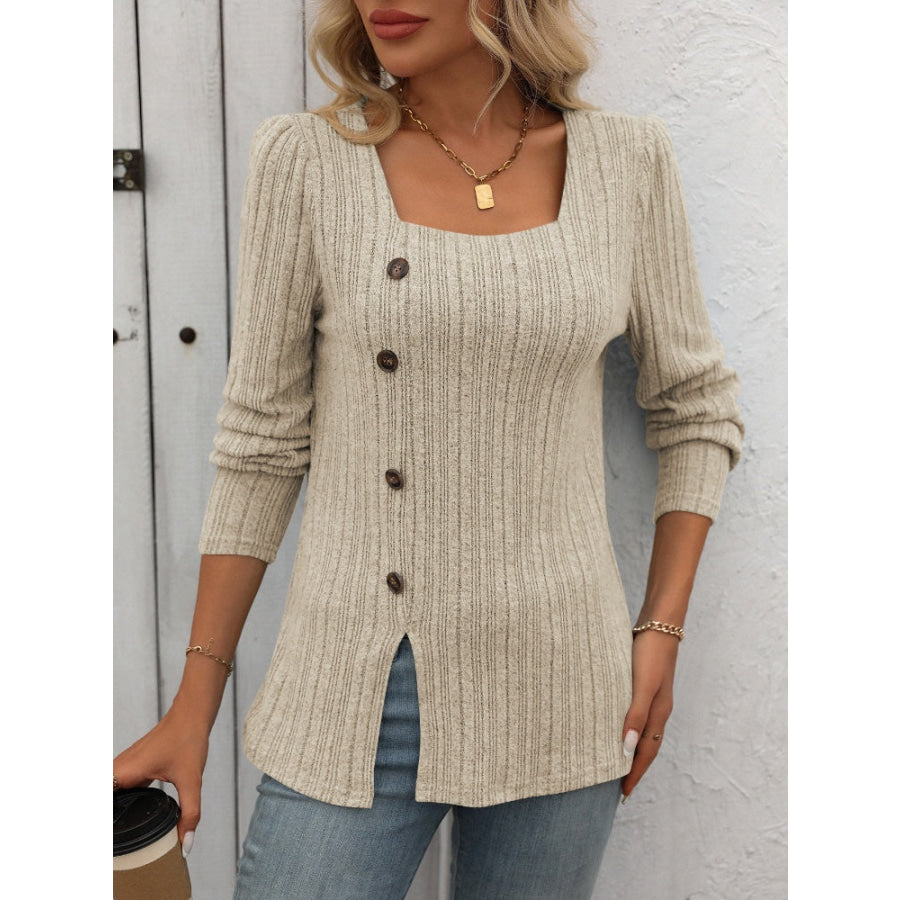 Decorative Button Striped Square Neck Long Sleeve T-Shirt Apparel and Accessories