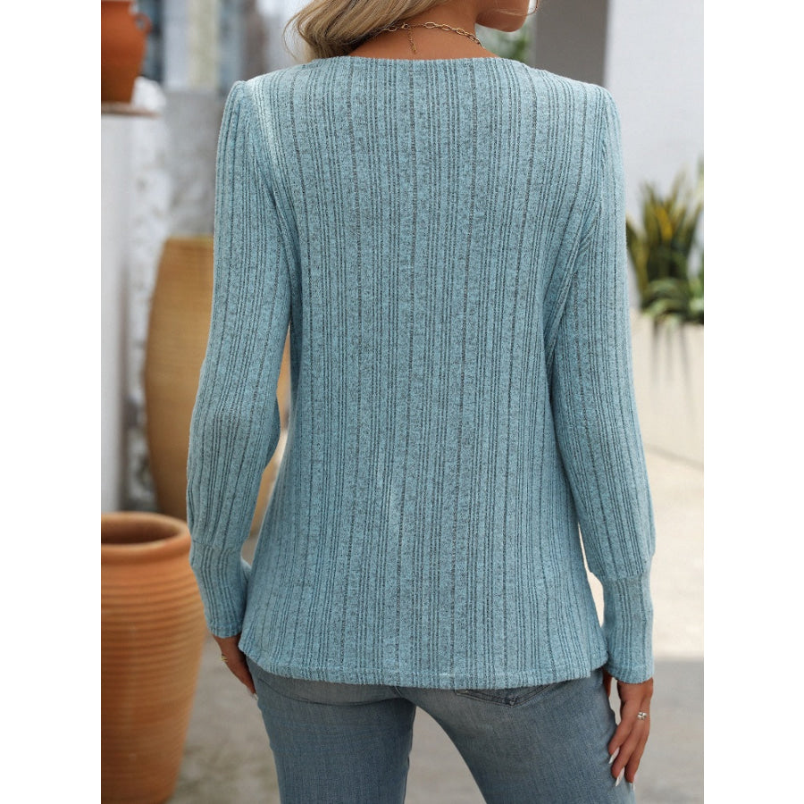 Decorative Button Striped Square Neck Long Sleeve T-Shirt Apparel and Accessories