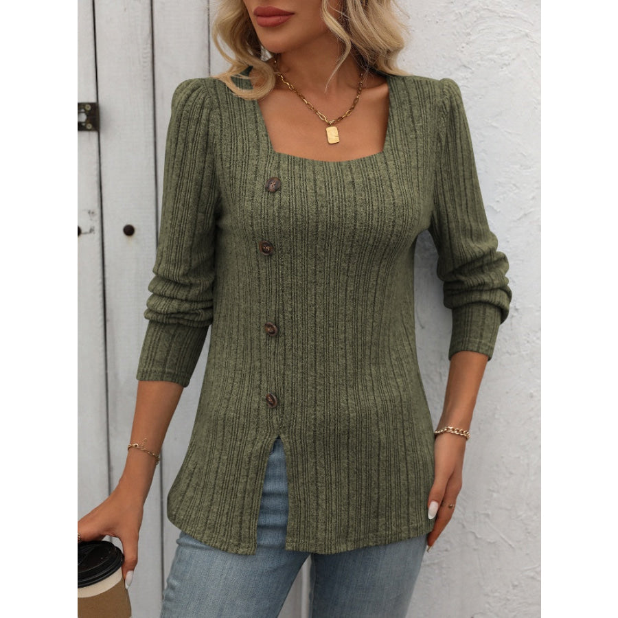 Decorative Button Striped Square Neck Long Sleeve T-Shirt Apparel and Accessories
