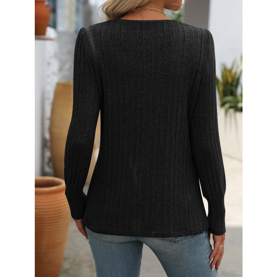 Decorative Button Striped Square Neck Long Sleeve T-Shirt Apparel and Accessories