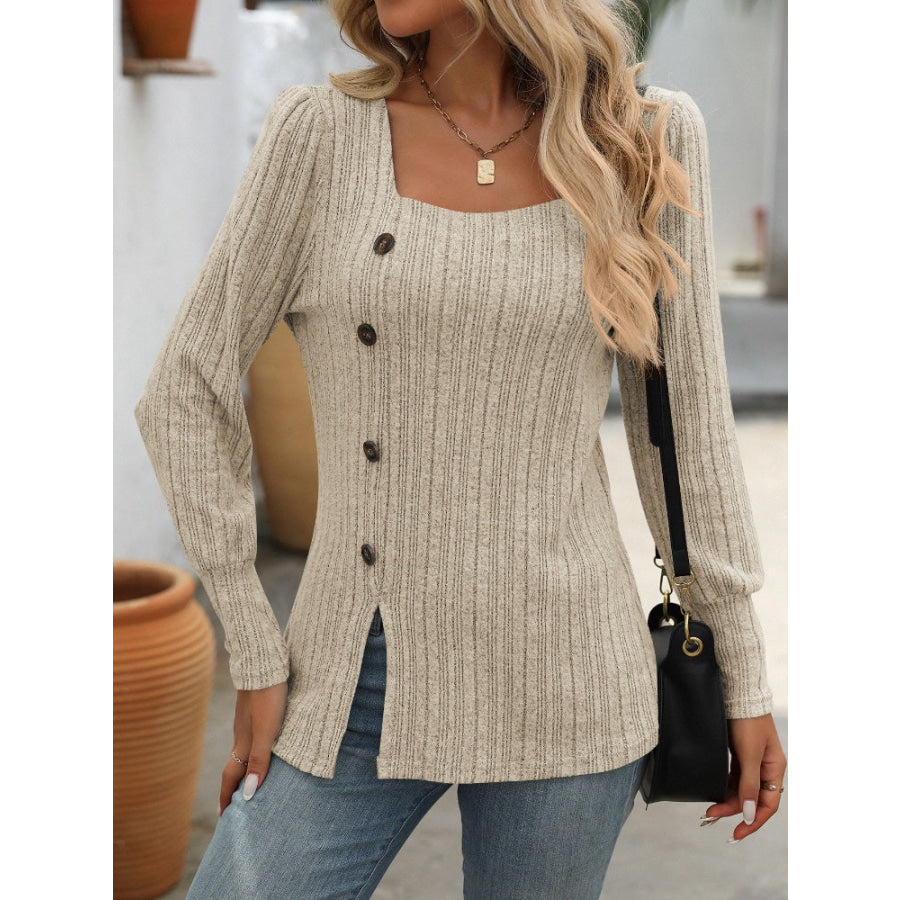Decorative Button Striped Square Neck Long Sleeve T-Shirt Apparel and Accessories