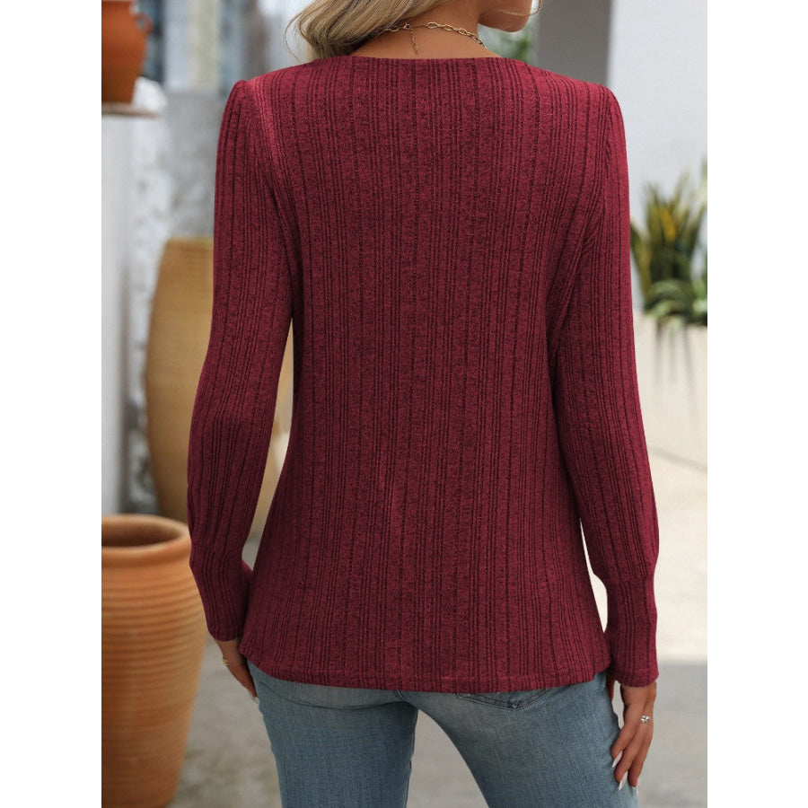 Decorative Button Striped Square Neck Long Sleeve T-Shirt Apparel and Accessories