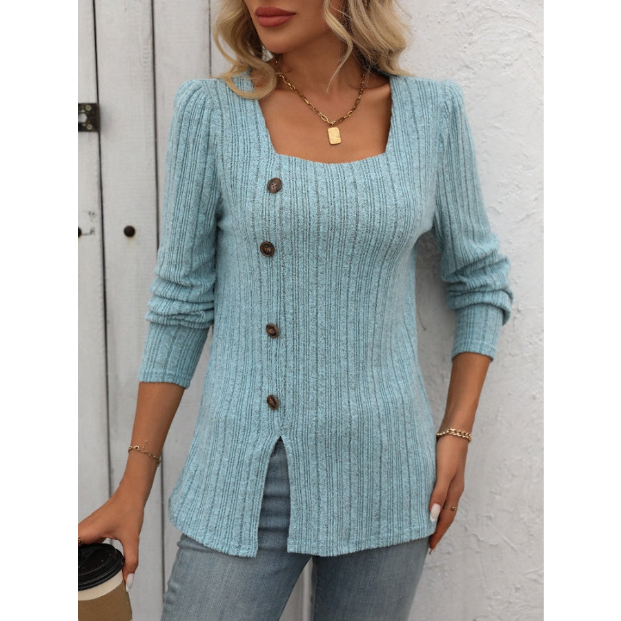 Decorative Button Striped Square Neck Long Sleeve T-Shirt Apparel and Accessories