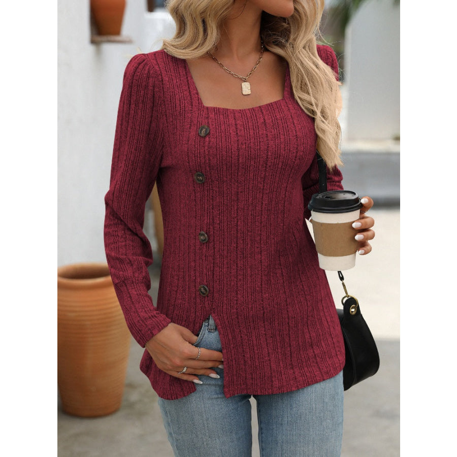 Decorative Button Striped Square Neck Long Sleeve T-Shirt Apparel and Accessories