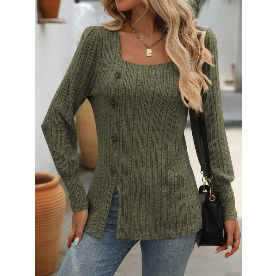 Decorative Button Striped Square Neck Long Sleeve T-Shirt Army Green / S Apparel and Accessories