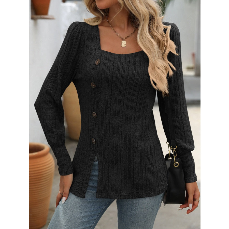 Decorative Button Striped Square Neck Long Sleeve T-Shirt Black / S Apparel and Accessories