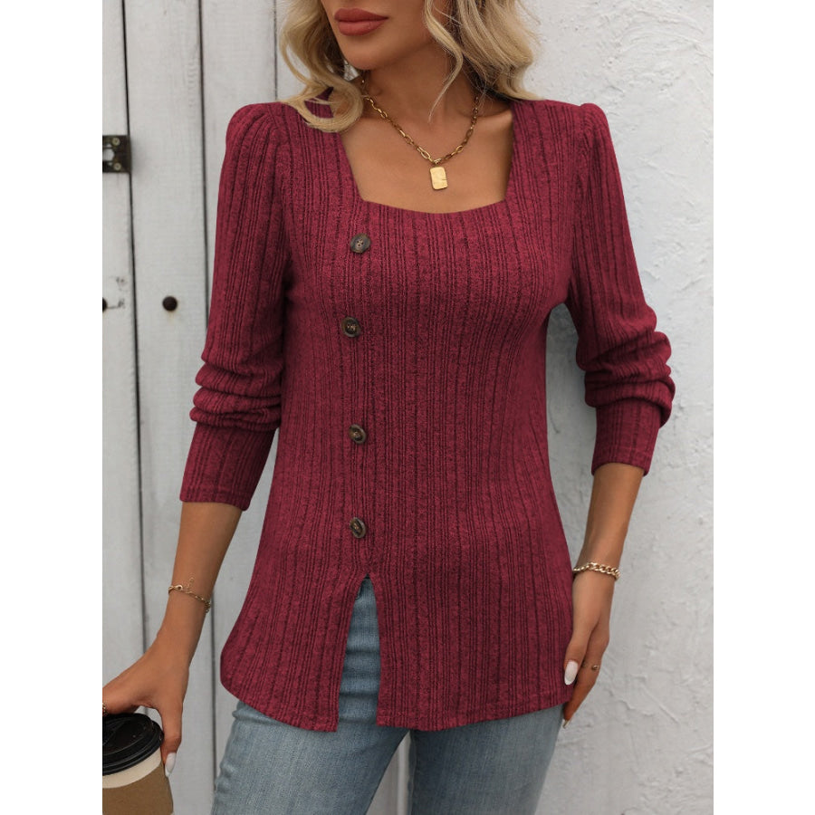 Decorative Button Striped Square Neck Long Sleeve T-Shirt Burgundy / S Apparel and Accessories
