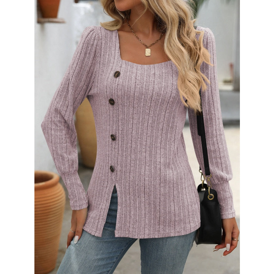 Decorative Button Striped Square Neck Long Sleeve T-Shirt Lilac / S Apparel and Accessories