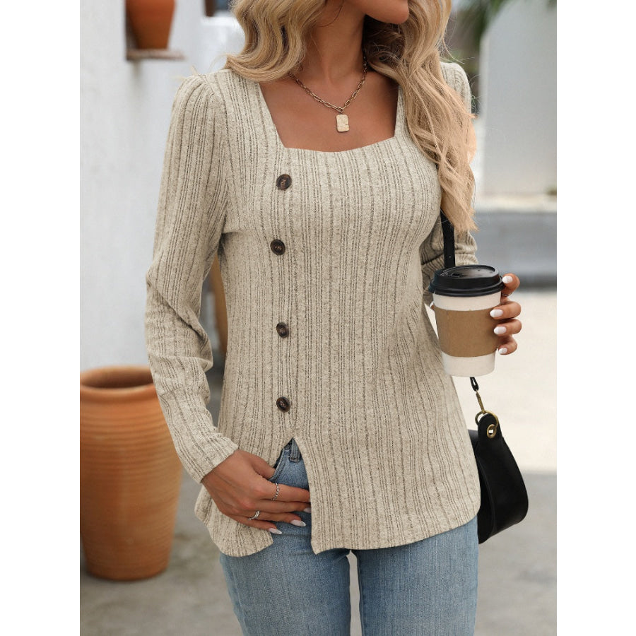 Decorative Button Striped Square Neck Long Sleeve T-Shirt Pastel Yellow / S Apparel and Accessories