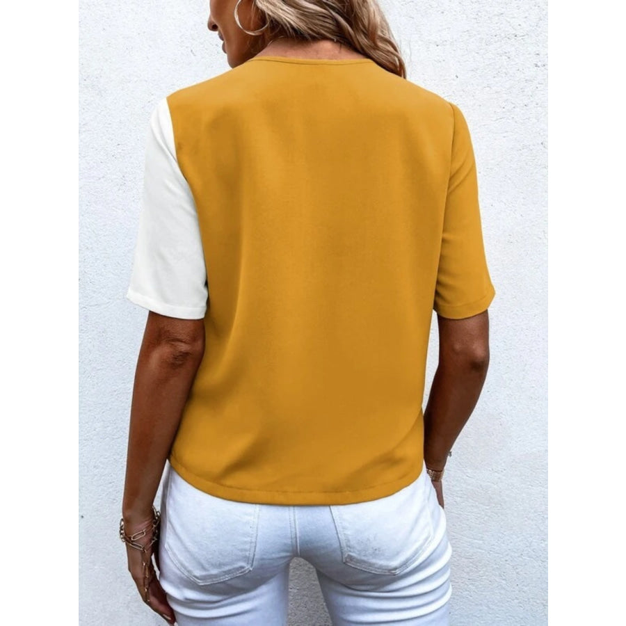 Decorative Button Surplice Short Sleeve Blouse Apparel and Accessories