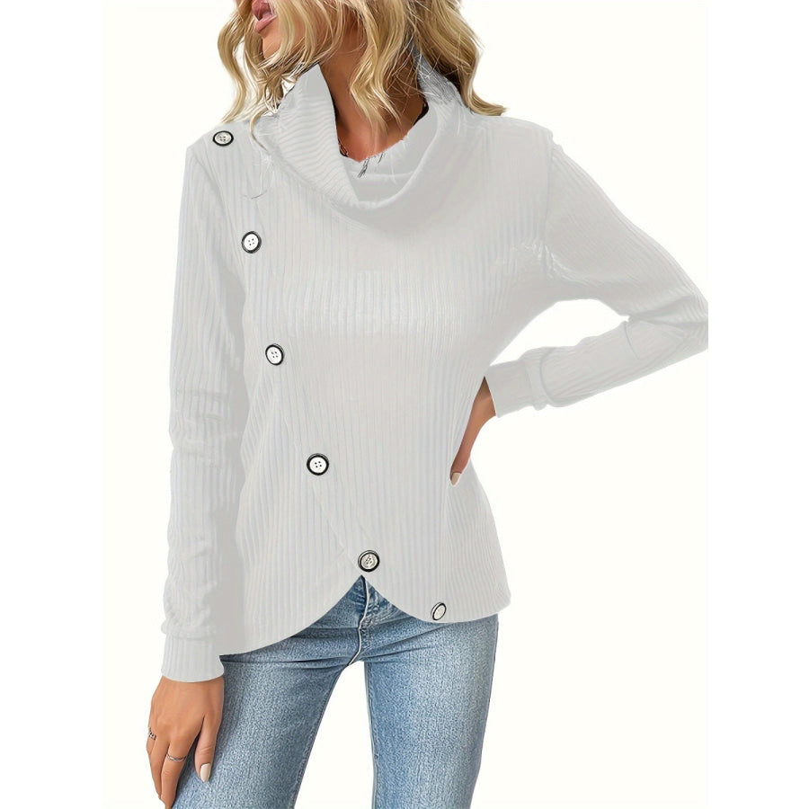 Decorative Button Turtleneck Long Sleeve T-Shirt Apparel and Accessories