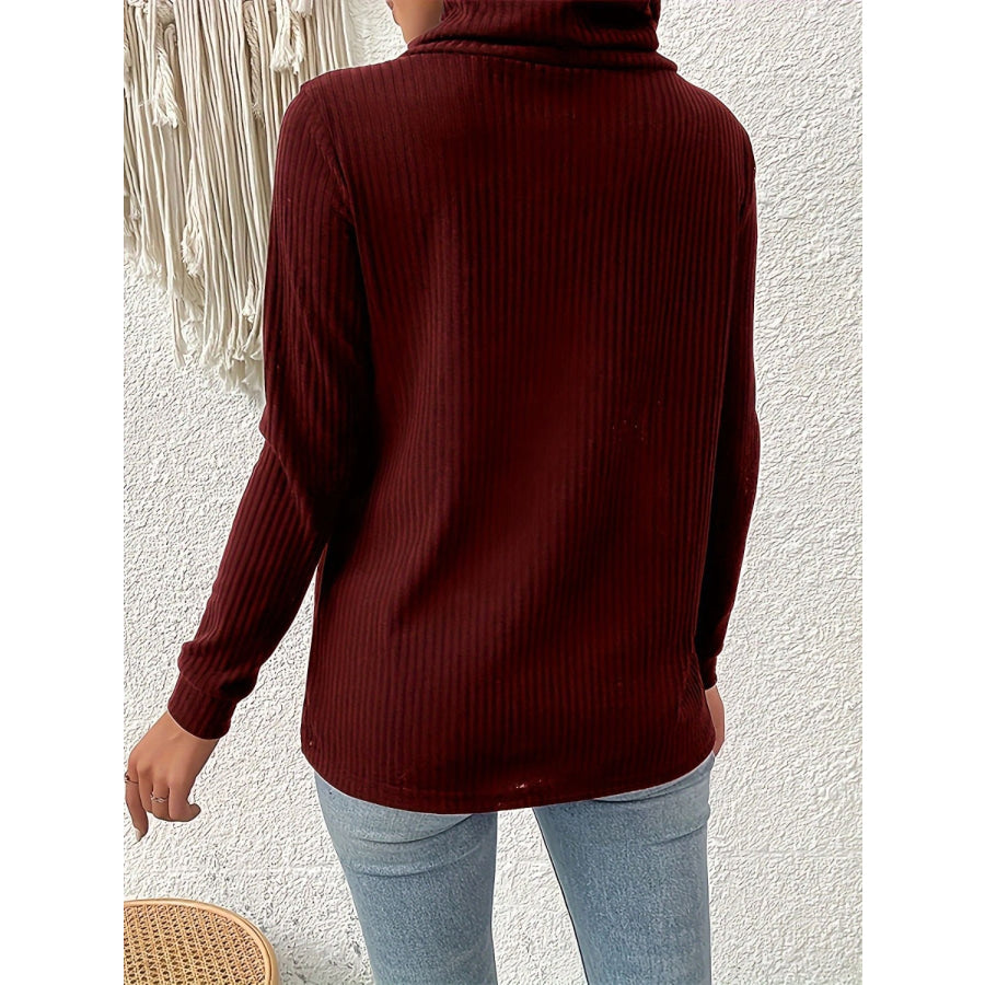 Decorative Button Turtleneck Long Sleeve T-Shirt Wine / S Apparel and Accessories