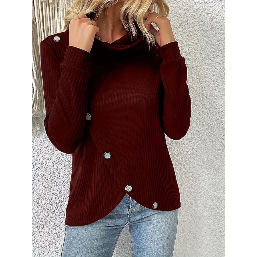 Decorative Button Turtleneck Long Sleeve T-Shirt Wine / S Apparel and Accessories