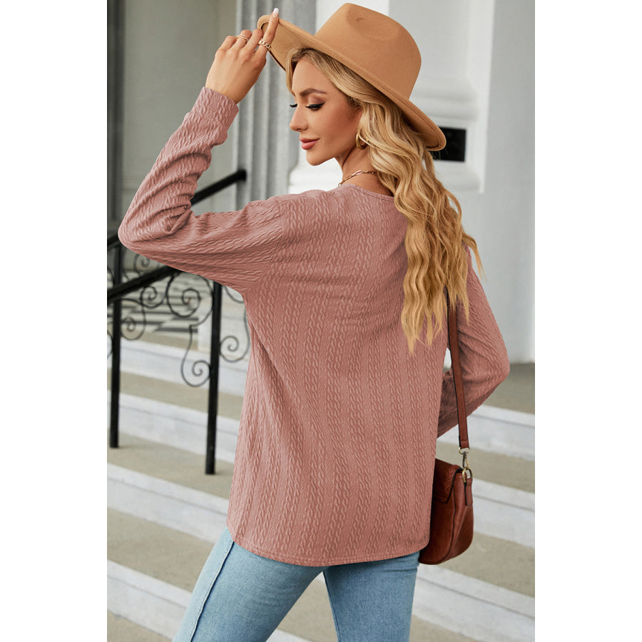 Decorative Button V - Neck Long Sleeve T - Shirt Apparel and Accessories