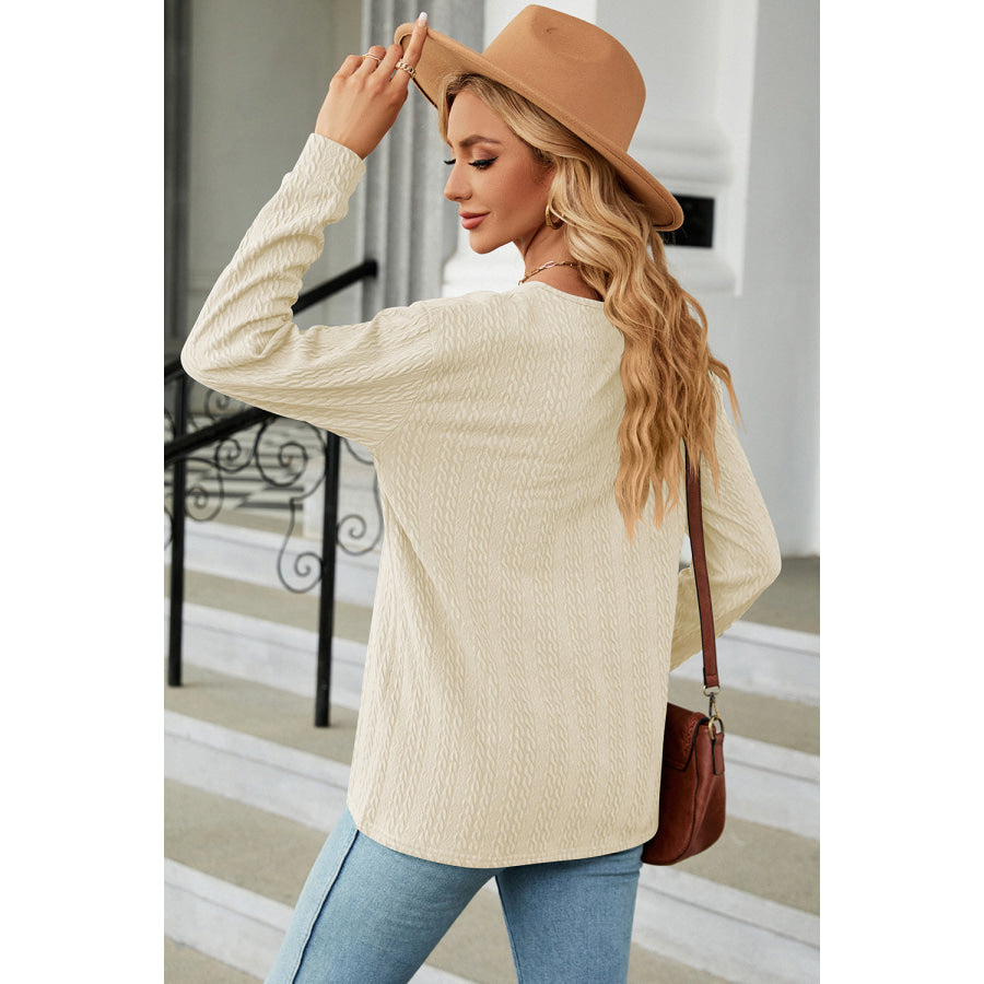 Decorative Button V - Neck Long Sleeve T - Shirt Apparel and Accessories