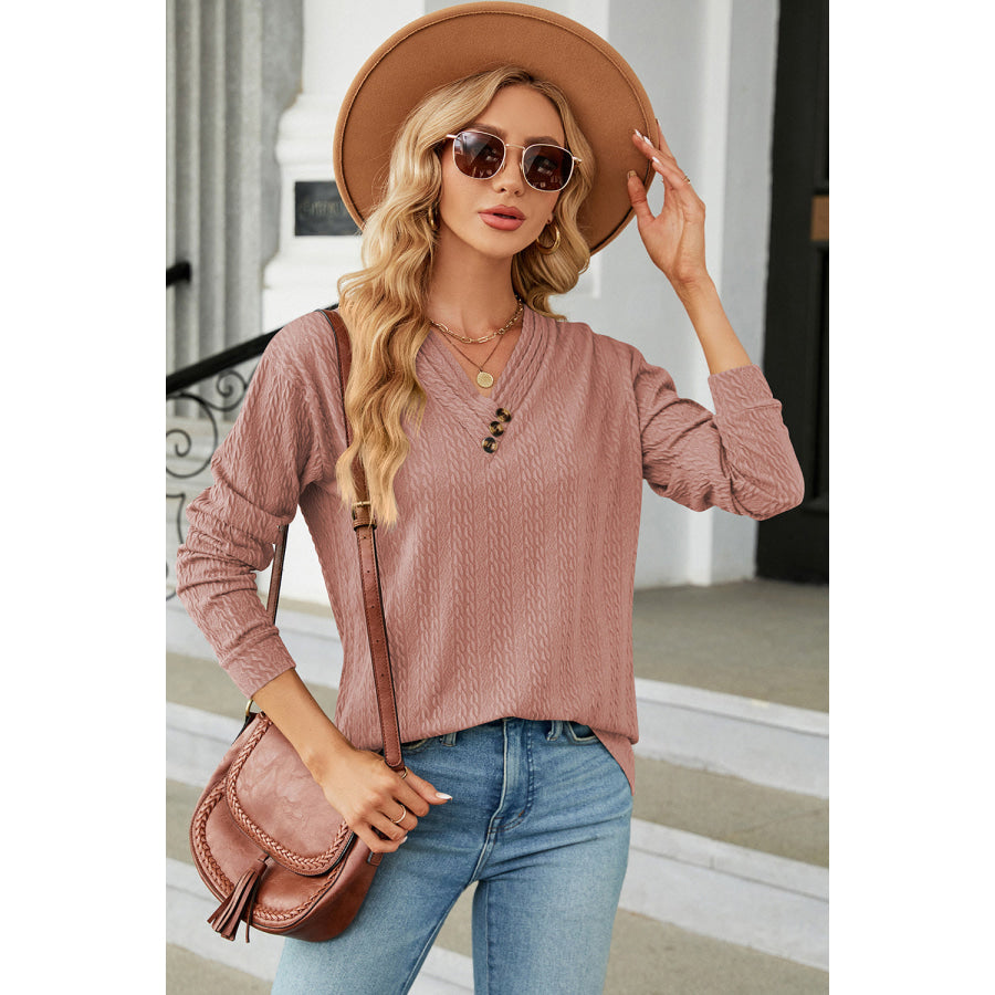 Decorative Button V - Neck Long Sleeve T - Shirt Apparel and Accessories
