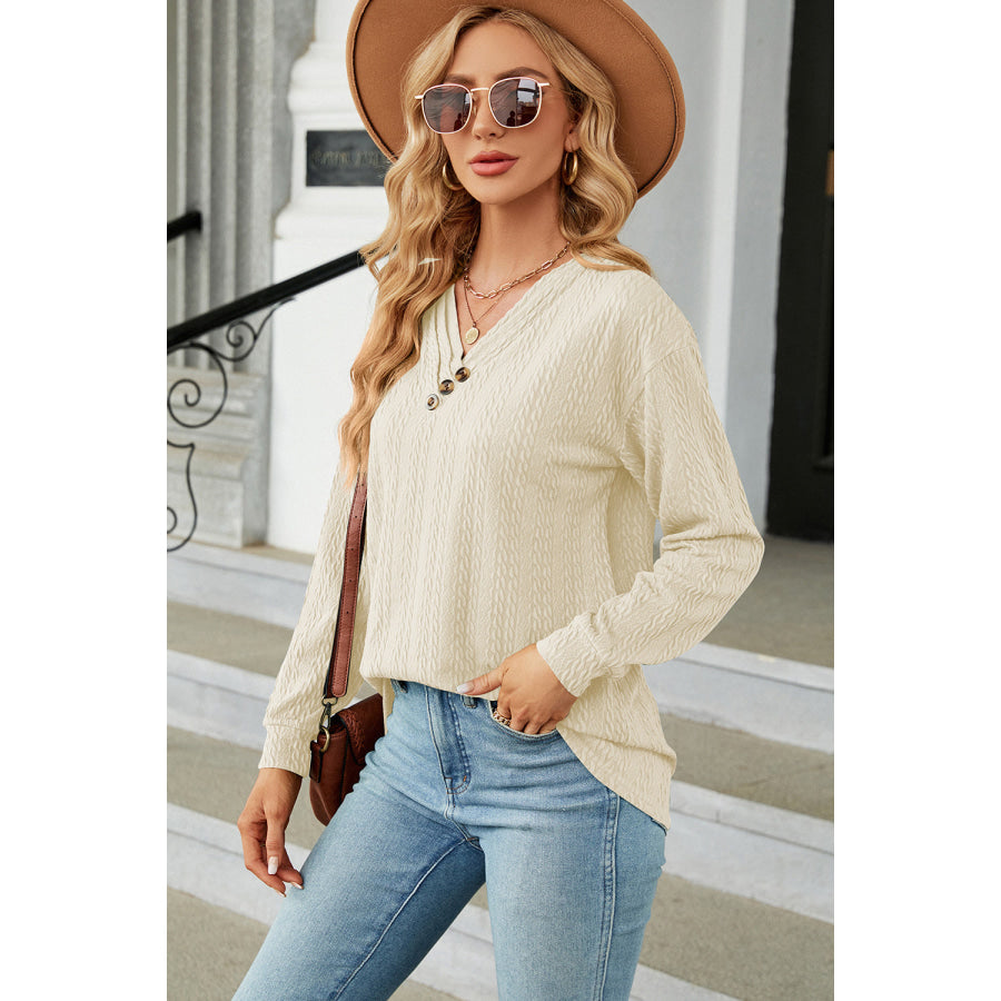 Decorative Button V - Neck Long Sleeve T - Shirt Apparel and Accessories