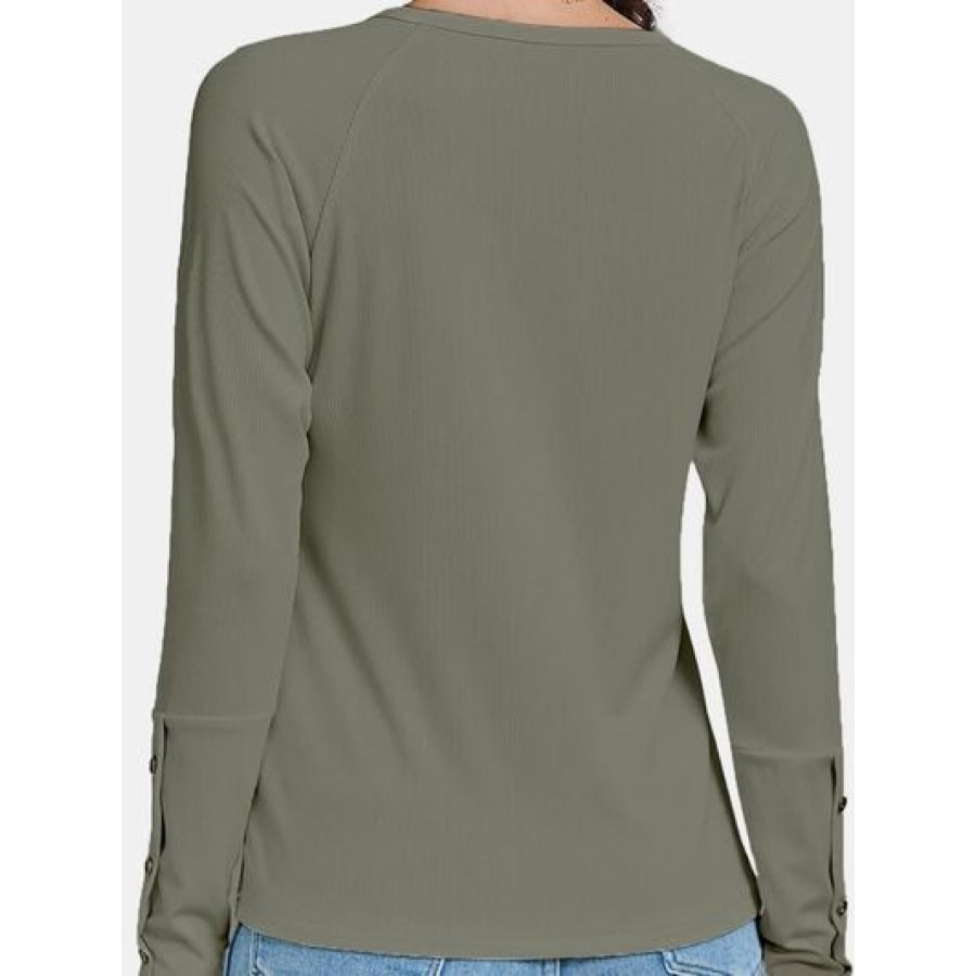 Decorative Button V - Neck Long Sleeve T - Shirt Apparel and Accessories