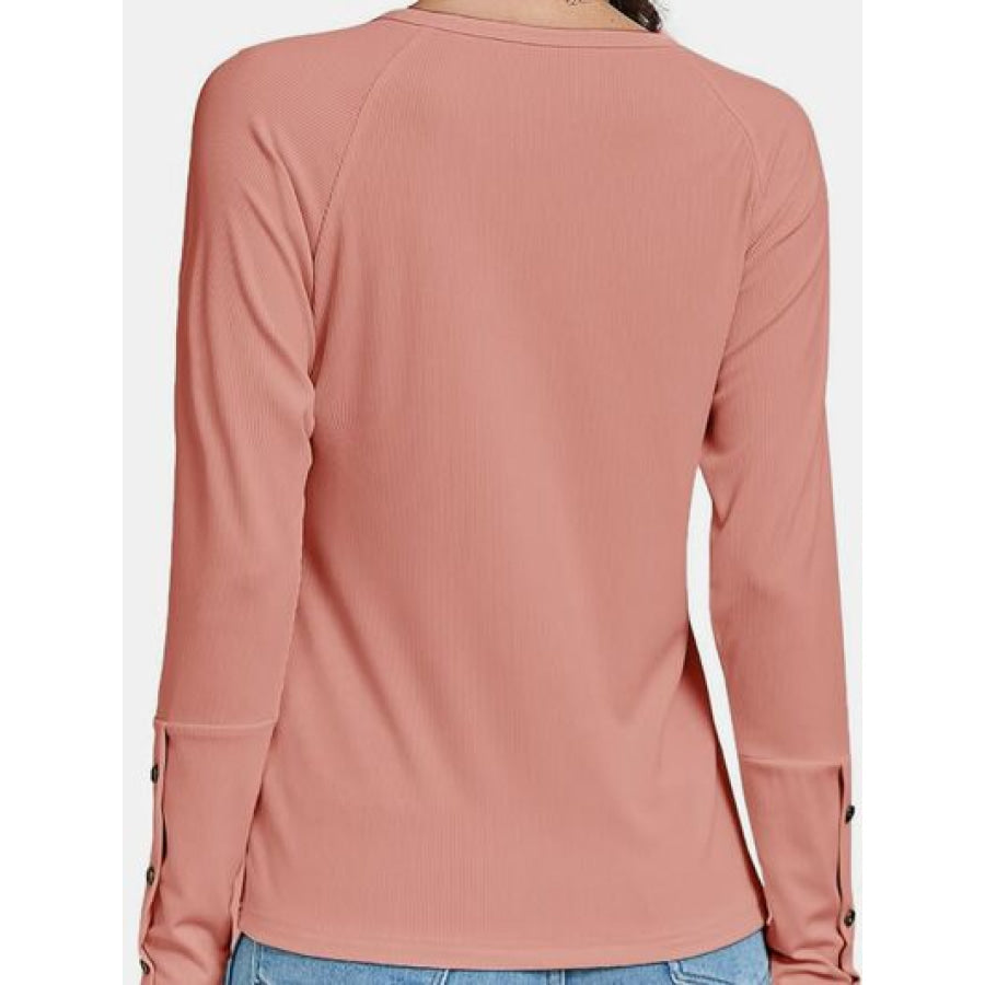 Decorative Button V - Neck Long Sleeve T - Shirt Apparel and Accessories