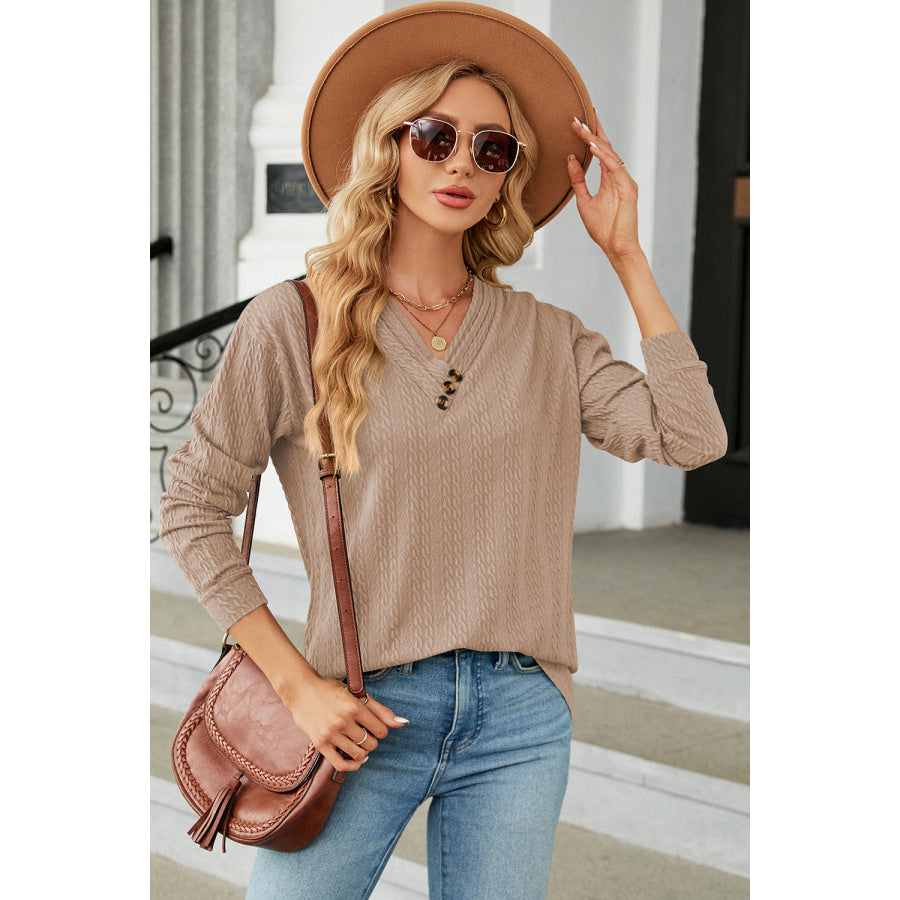 Decorative Button V - Neck Long Sleeve T - Shirt Apparel and Accessories