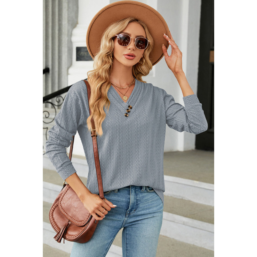 Decorative Button V - Neck Long Sleeve T - Shirt Apparel and Accessories