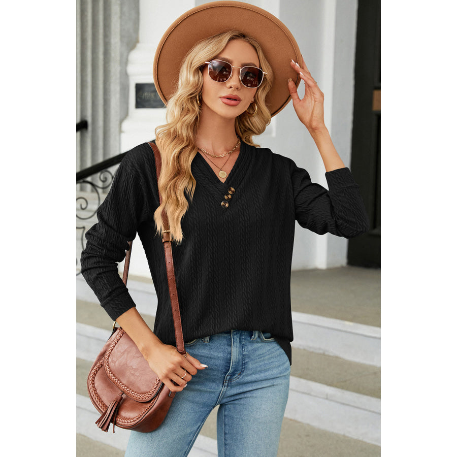 Decorative Button V - Neck Long Sleeve T - Shirt Apparel and Accessories